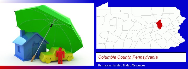 types of insurance; Columbia County, Pennsylvania highlighted in red on a map