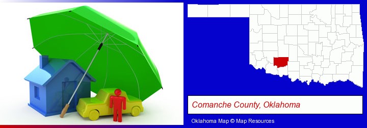 types of insurance; Comanche County, Oklahoma highlighted in red on a map