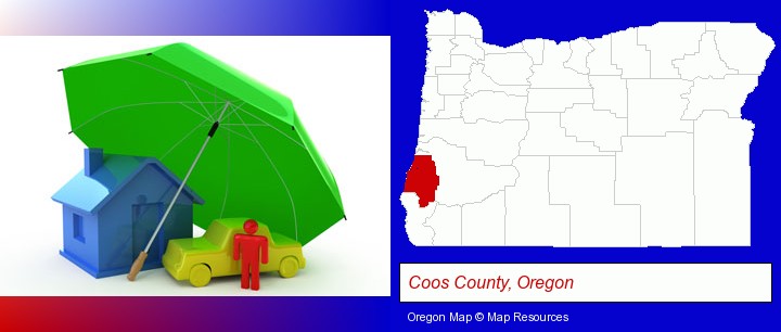 types of insurance; Coos County, Oregon highlighted in red on a map