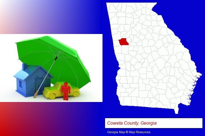 types of insurance; Coweta County, Georgia highlighted in red on a map