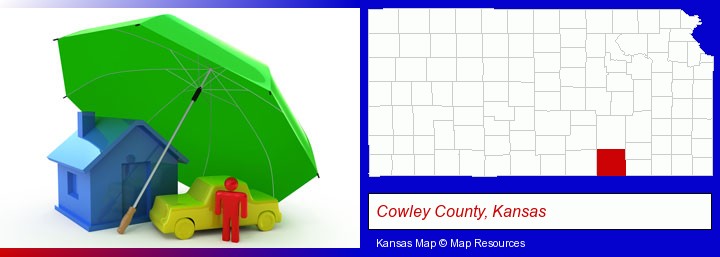 types of insurance; Cowley County, Kansas highlighted in red on a map