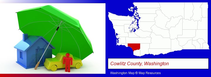 types of insurance; Cowlitz County, Washington highlighted in red on a map