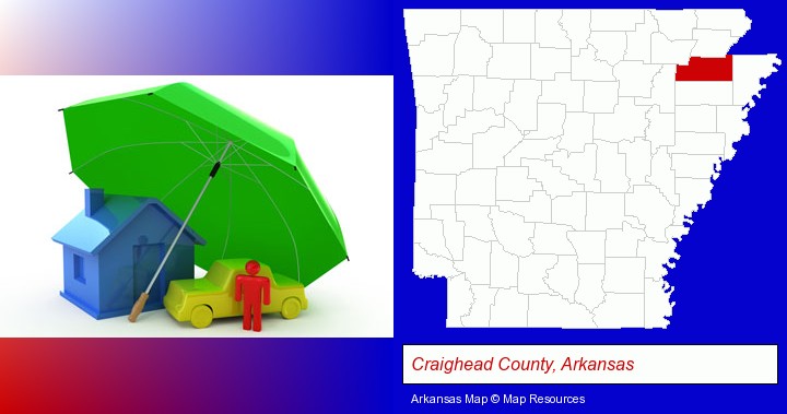 types of insurance; Craighead County, Arkansas highlighted in red on a map