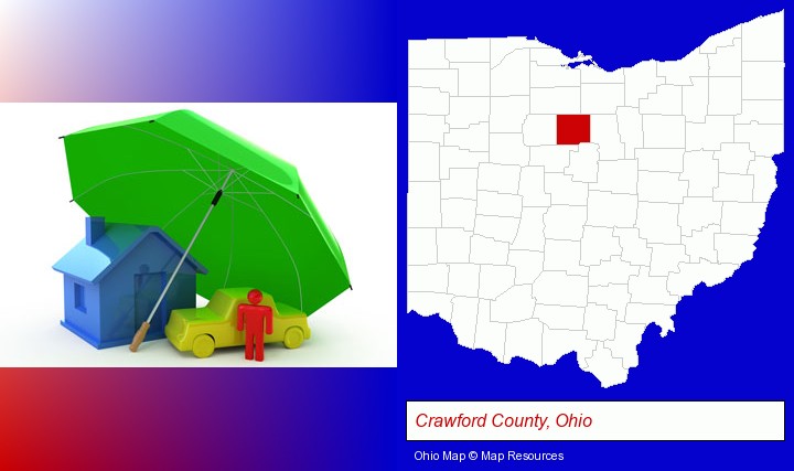 types of insurance; Crawford County, Ohio highlighted in red on a map