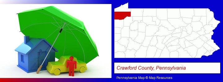 types of insurance; Crawford County, Pennsylvania highlighted in red on a map