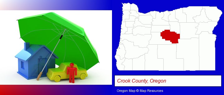 types of insurance; Crook County, Oregon highlighted in red on a map