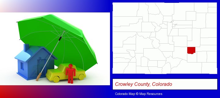types of insurance; Crowley County, Colorado highlighted in red on a map