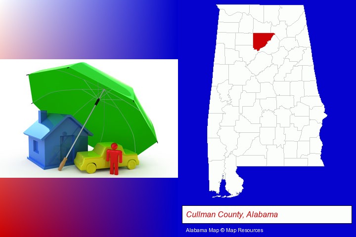 types of insurance; Cullman County, Alabama highlighted in red on a map