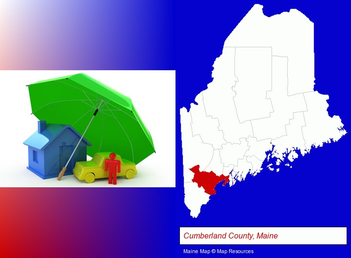 types of insurance; Cumberland County, Maine highlighted in red on a map