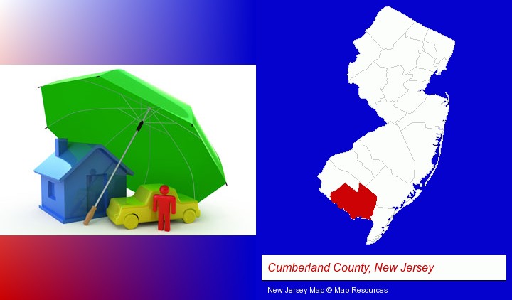 types of insurance; Cumberland County, New Jersey highlighted in red on a map