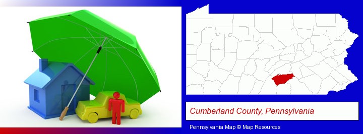 types of insurance; Cumberland County, Pennsylvania highlighted in red on a map