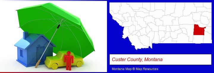 types of insurance; Custer County, Montana highlighted in red on a map