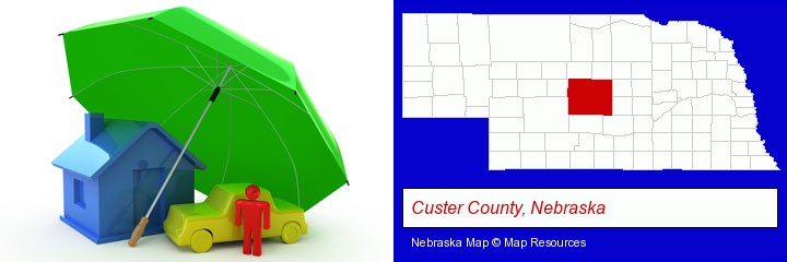 types of insurance; Custer County, Nebraska highlighted in red on a map