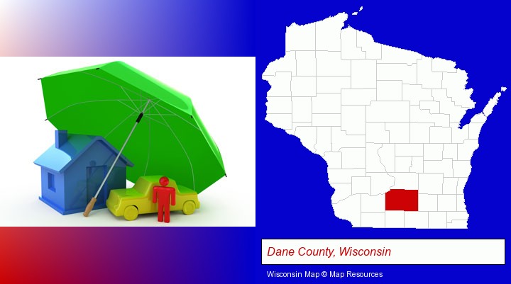 types of insurance; Dane County, Wisconsin highlighted in red on a map