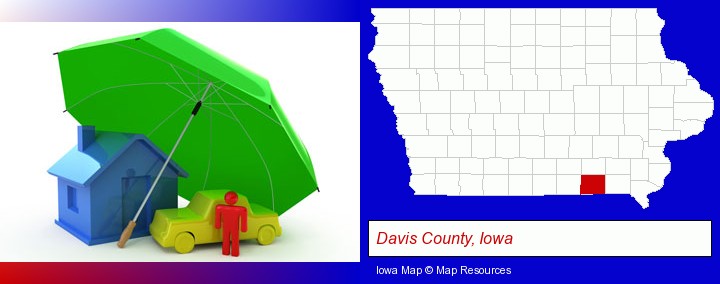types of insurance; Davis County, Iowa highlighted in red on a map