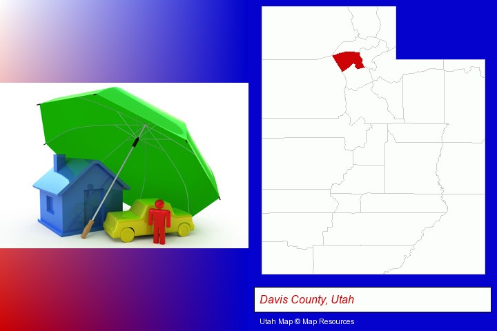 types of insurance; Davis County, Utah highlighted in red on a map