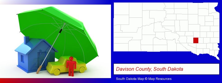 types of insurance; Davison County, South Dakota highlighted in red on a map
