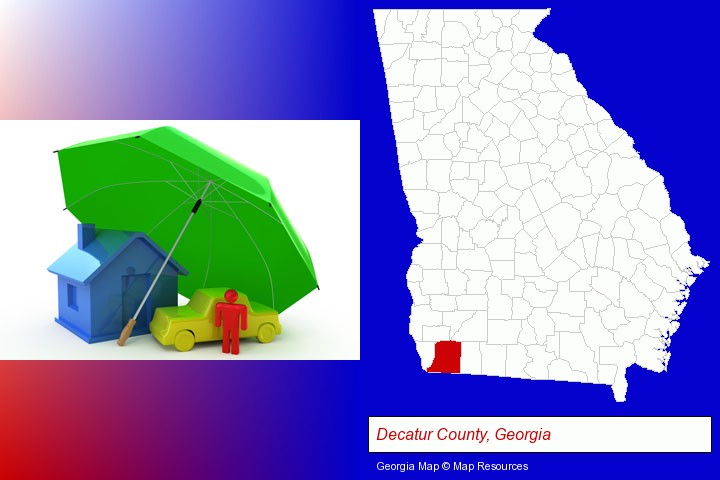 types of insurance; Decatur County, Georgia highlighted in red on a map