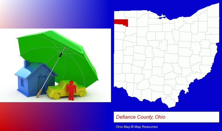 types of insurance; Defiance County, Ohio highlighted in red on a map