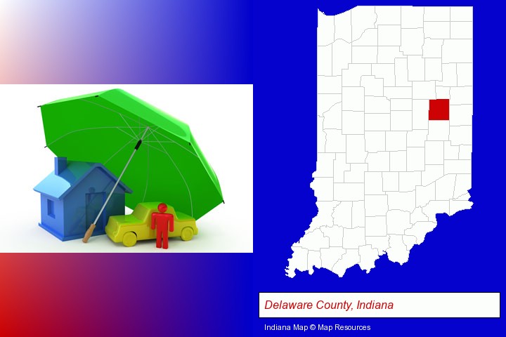 types of insurance; Delaware County, Indiana highlighted in red on a map