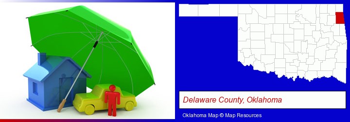 types of insurance; Delaware County, Oklahoma highlighted in red on a map