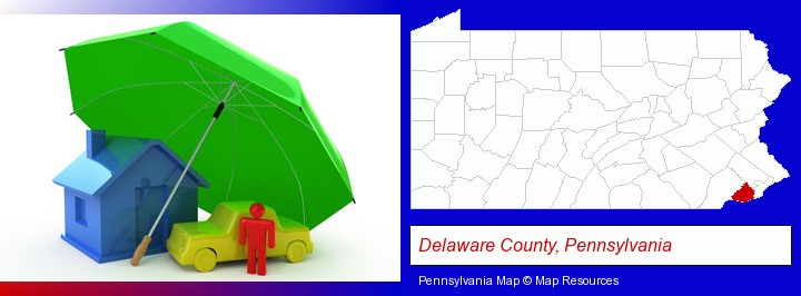 types of insurance; Delaware County, Pennsylvania highlighted in red on a map