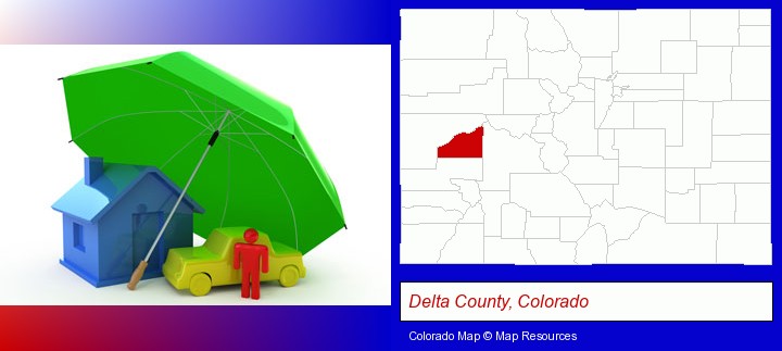 types of insurance; Delta County, Colorado highlighted in red on a map