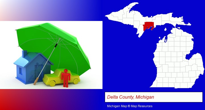 types of insurance; Delta County, Michigan highlighted in red on a map
