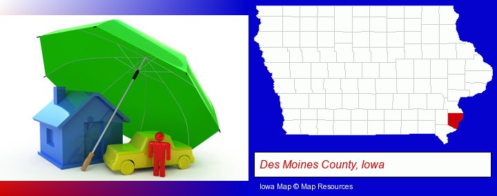 types of insurance; Des Moines County, Iowa highlighted in red on a map