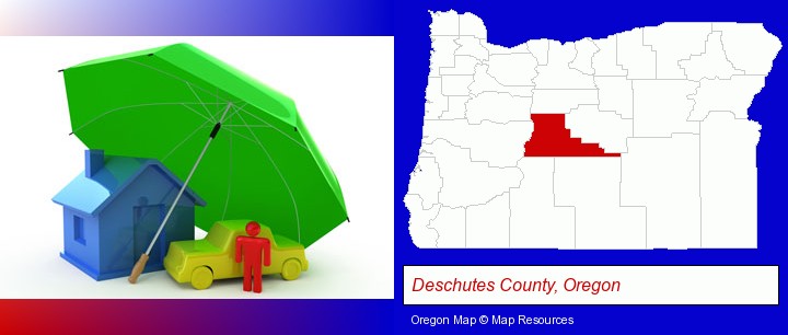 types of insurance; Deschutes County, Oregon highlighted in red on a map