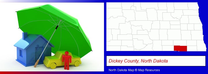 types of insurance; Dickey County, North Dakota highlighted in red on a map