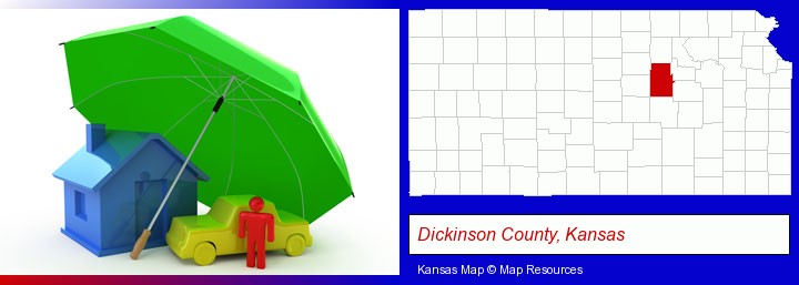 types of insurance; Dickinson County, Kansas highlighted in red on a map