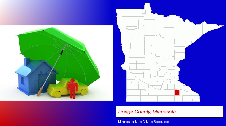 types of insurance; Dodge County, Minnesota highlighted in red on a map