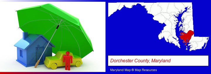 types of insurance; Dorchester County, Maryland highlighted in red on a map