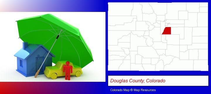 types of insurance; Douglas County, Colorado highlighted in red on a map