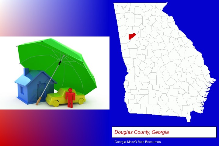 types of insurance; Douglas County, Georgia highlighted in red on a map