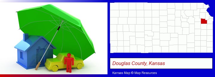 types of insurance; Douglas County, Kansas highlighted in red on a map