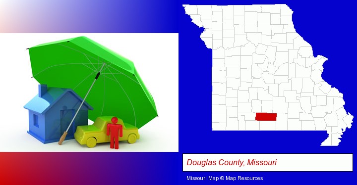types of insurance; Douglas County, Missouri highlighted in red on a map