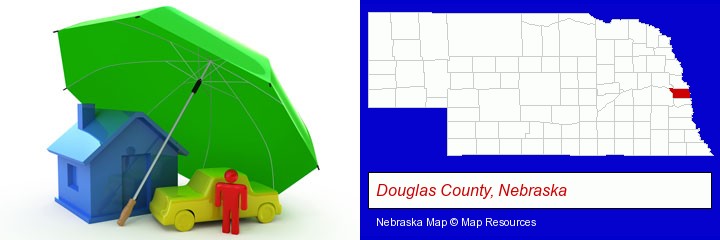 types of insurance; Douglas County, Nebraska highlighted in red on a map