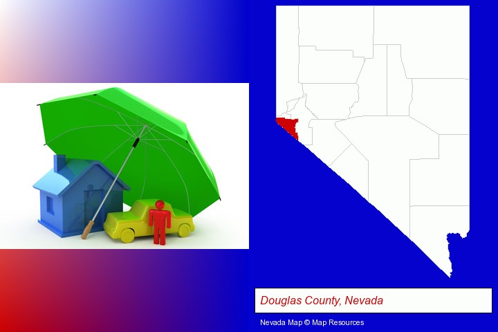 types of insurance; Douglas County, Nevada highlighted in red on a map