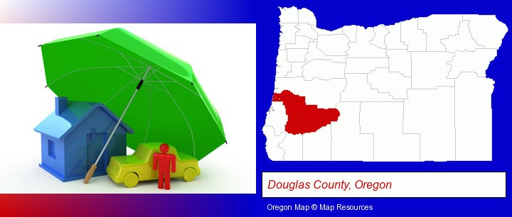 types of insurance; Douglas County, Oregon highlighted in red on a map
