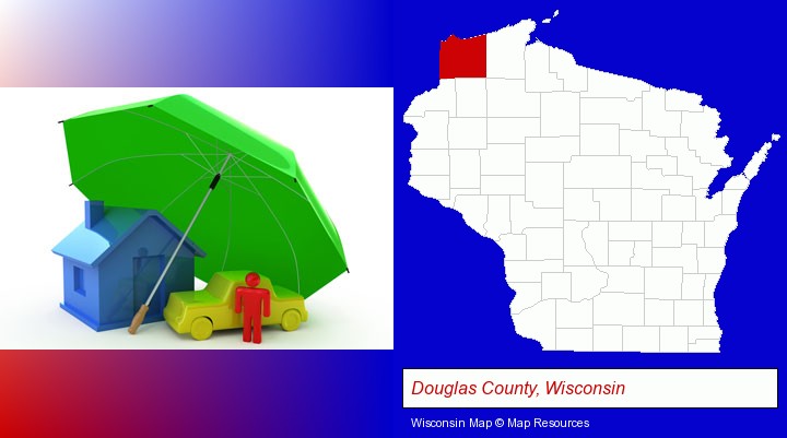types of insurance; Douglas County, Wisconsin highlighted in red on a map