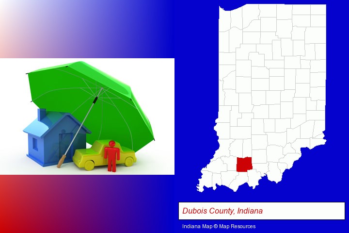 types of insurance; Dubois County, Indiana highlighted in red on a map