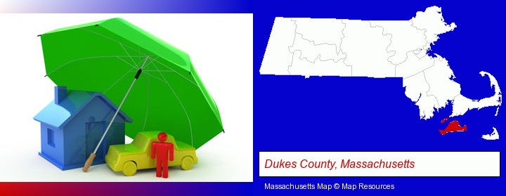 types of insurance; Dukes County, Massachusetts highlighted in red on a map