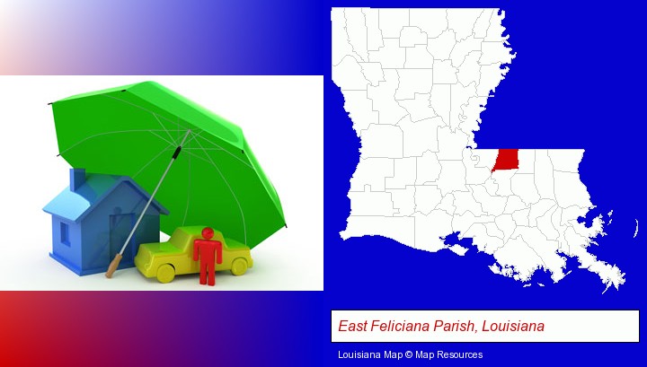 types of insurance; East Feliciana Parish, Louisiana highlighted in red on a map