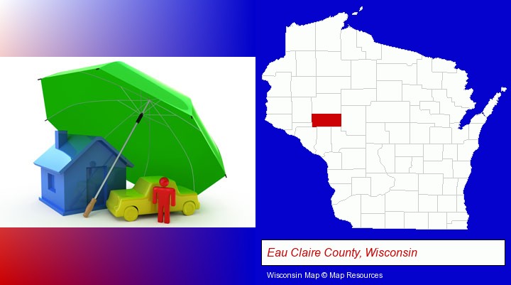 types of insurance; Eau Claire County, Wisconsin highlighted in red on a map