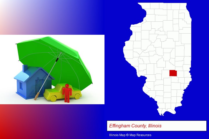 types of insurance; Effingham County, Illinois highlighted in red on a map