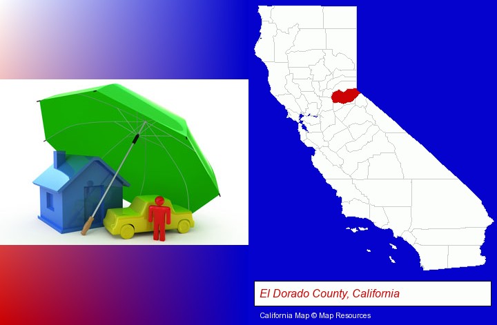 types of insurance; El Dorado County, California highlighted in red on a map
