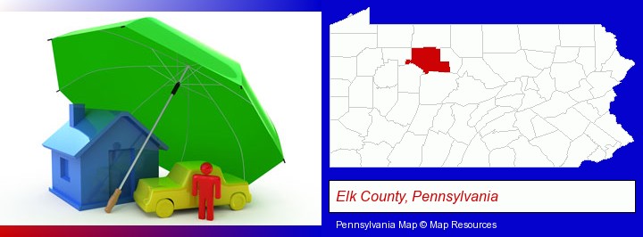 types of insurance; Elk County, Pennsylvania highlighted in red on a map