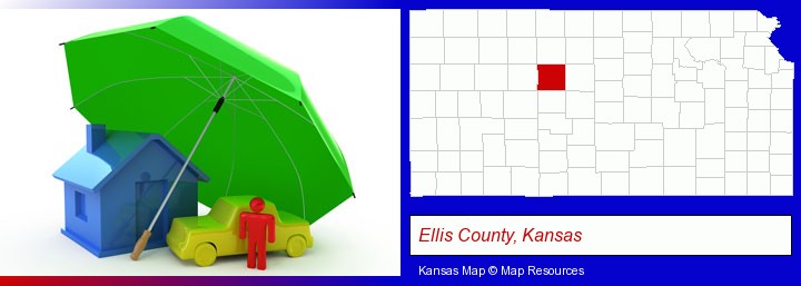 types of insurance; Ellis County, Kansas highlighted in red on a map
